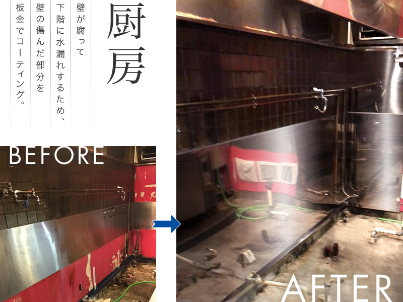 厨房 - 壁が腐って下階に水漏れするため、壁の傷んだ部分を板金でコーティング。